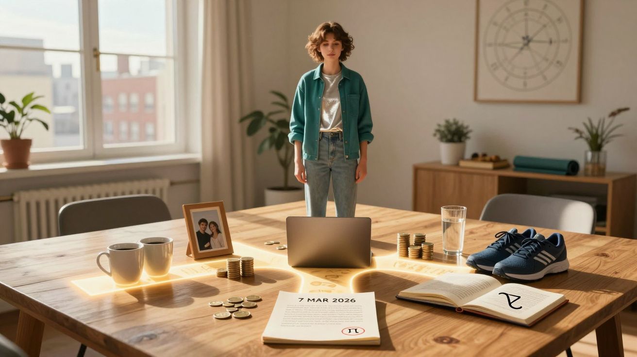 Pessoa em pé à volta de mesa com laptop, moedas, livros, sapatos e fotografia em ambiente iluminado.