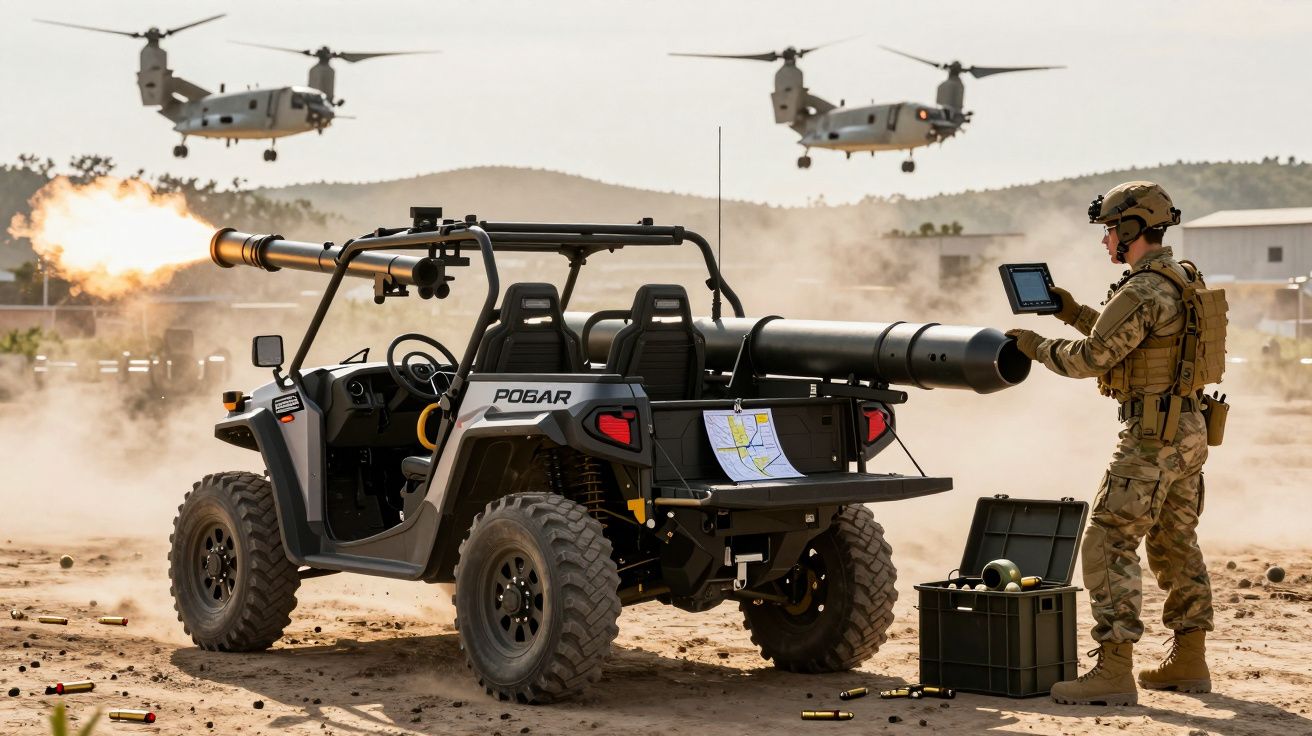 Militar ao lado de veículo militar equipado com lançador de foguetes, com dois helicópteros em voo ao fundo.