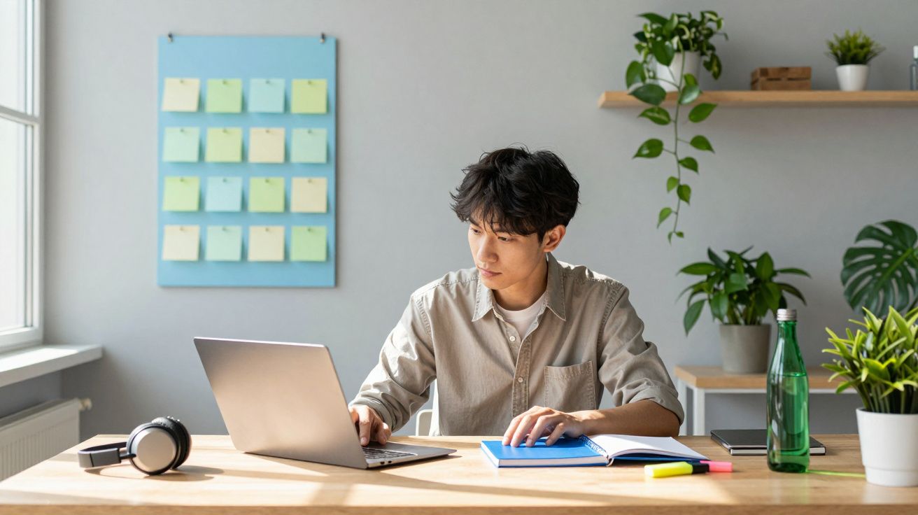 Jovem a trabalhar num portátil numa mesa com caderno, marcadores, garrafa e plantas, num escritório iluminado.