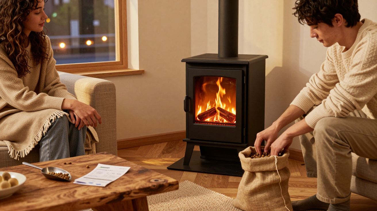 Casal sentado junto a lareira acesa numa sala acolhedora com decoração em tons neutros.