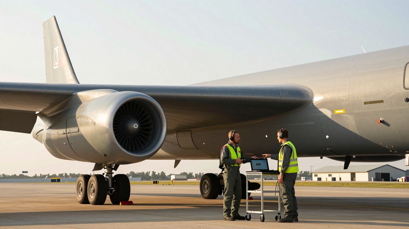 Dois técnicos com coletes refletivos discutem junto a um avião militar estacionado numa pista de aeroporto.
