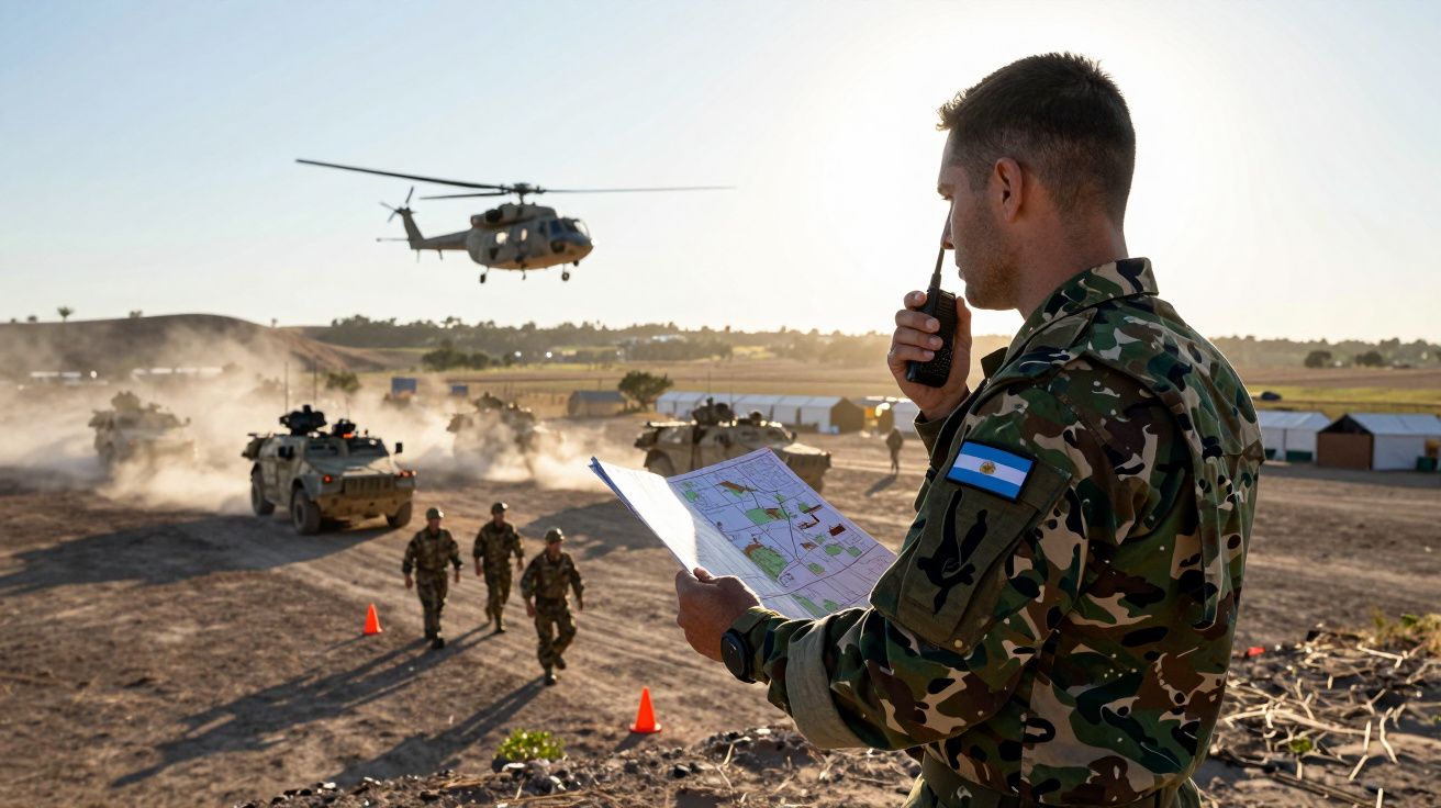 Soldado em uniforme com rádio e mapa observa operações militares com veículos, soldados e helicóptero ao fundo.