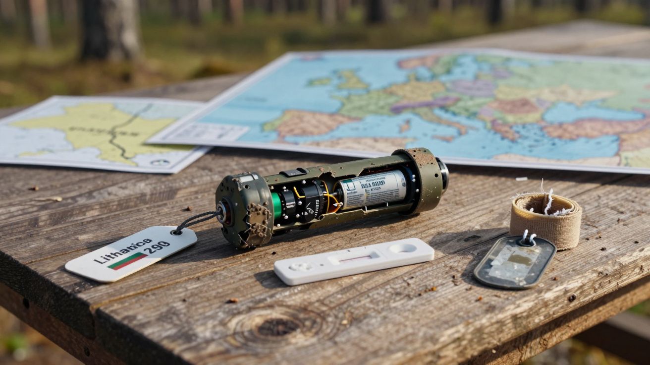 Mesa de madeira com mapa, dispositivo eletrônico desmontado e objetos militares em ambiente exterior.