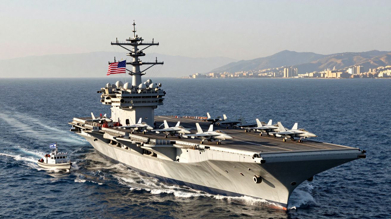 Porta-aviões militar dos Estados Unidos no mar com vários jatos na sua pista e um barco pequeno ao lado.