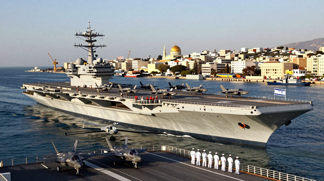 Porta-aviões militar desloca-se em águas costeiras com aviões e tripulação na cobertura, à vista de cidade costeira.