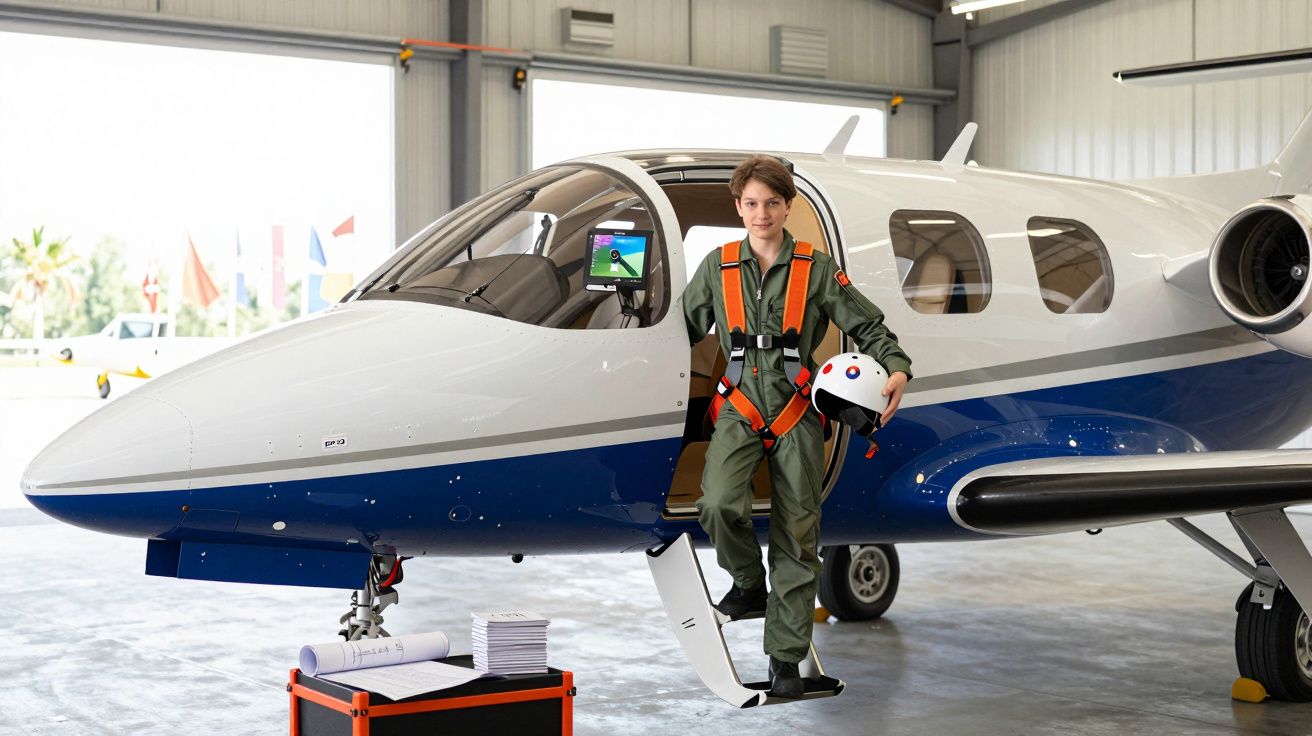 Jovem piloto em fato verde e arnês laranja apoia-se na porta de um pequeno jato num hangar.