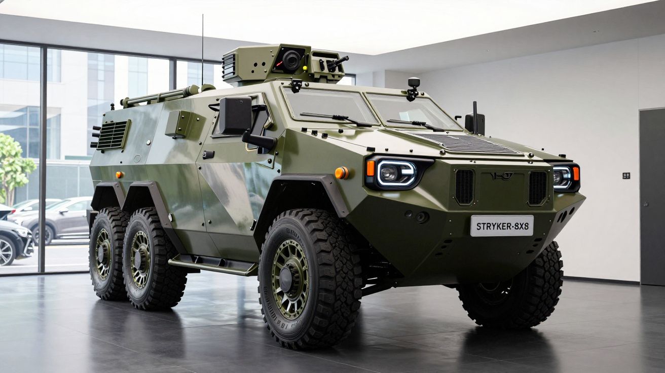 Veículo militar blindado 8x8 verde estacionado em interior moderno com janelas grandes.