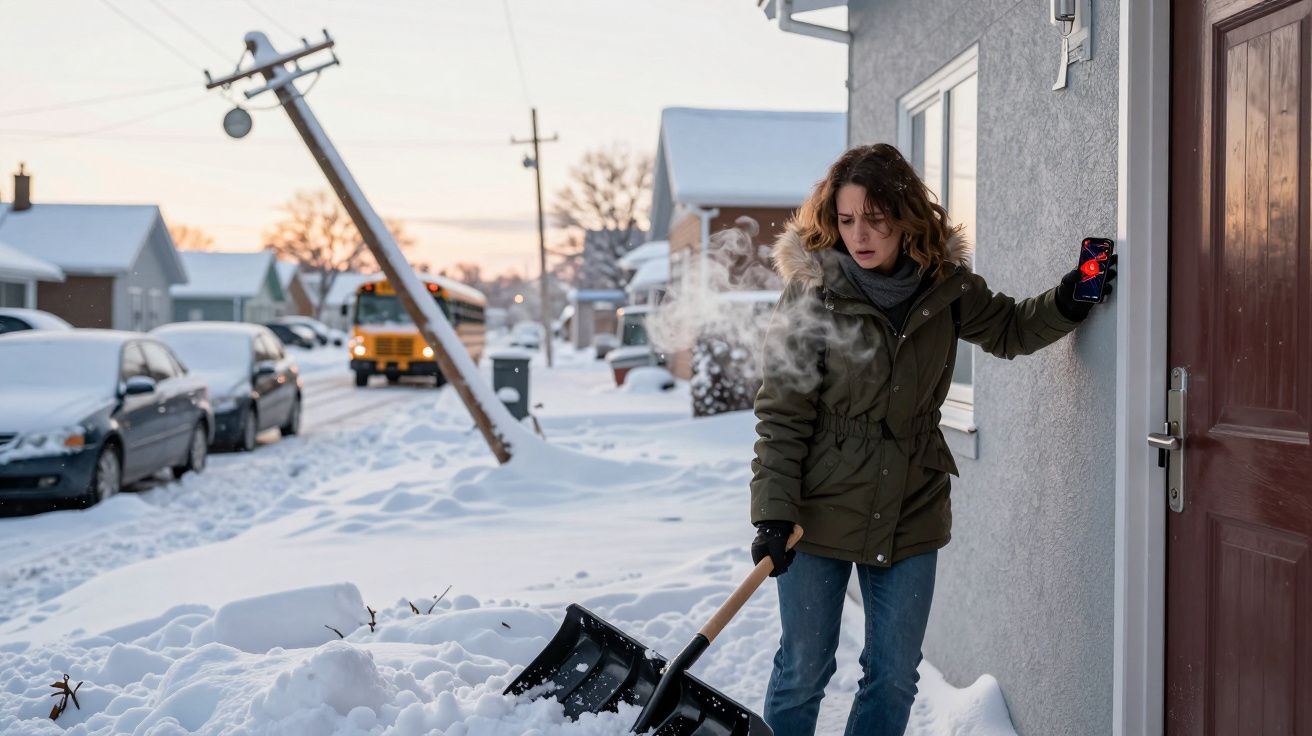Mulher a tirar neve da entrada de casa num bairro residencial, noite fria com respiração visível.