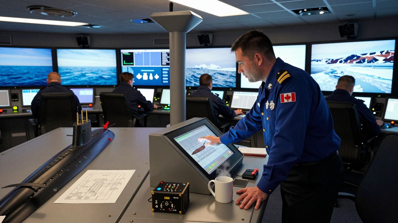 Homem em uniforme naval com bandeira do Canadá opera controlo num simulador de submarino com ecrãs à frente.