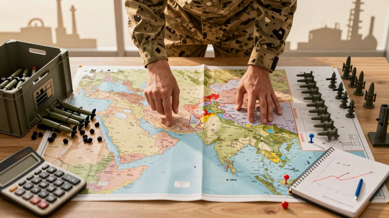 Mãos de militar sobre mapa estratégico na mesa com munições, calculadora e caderno de notas.