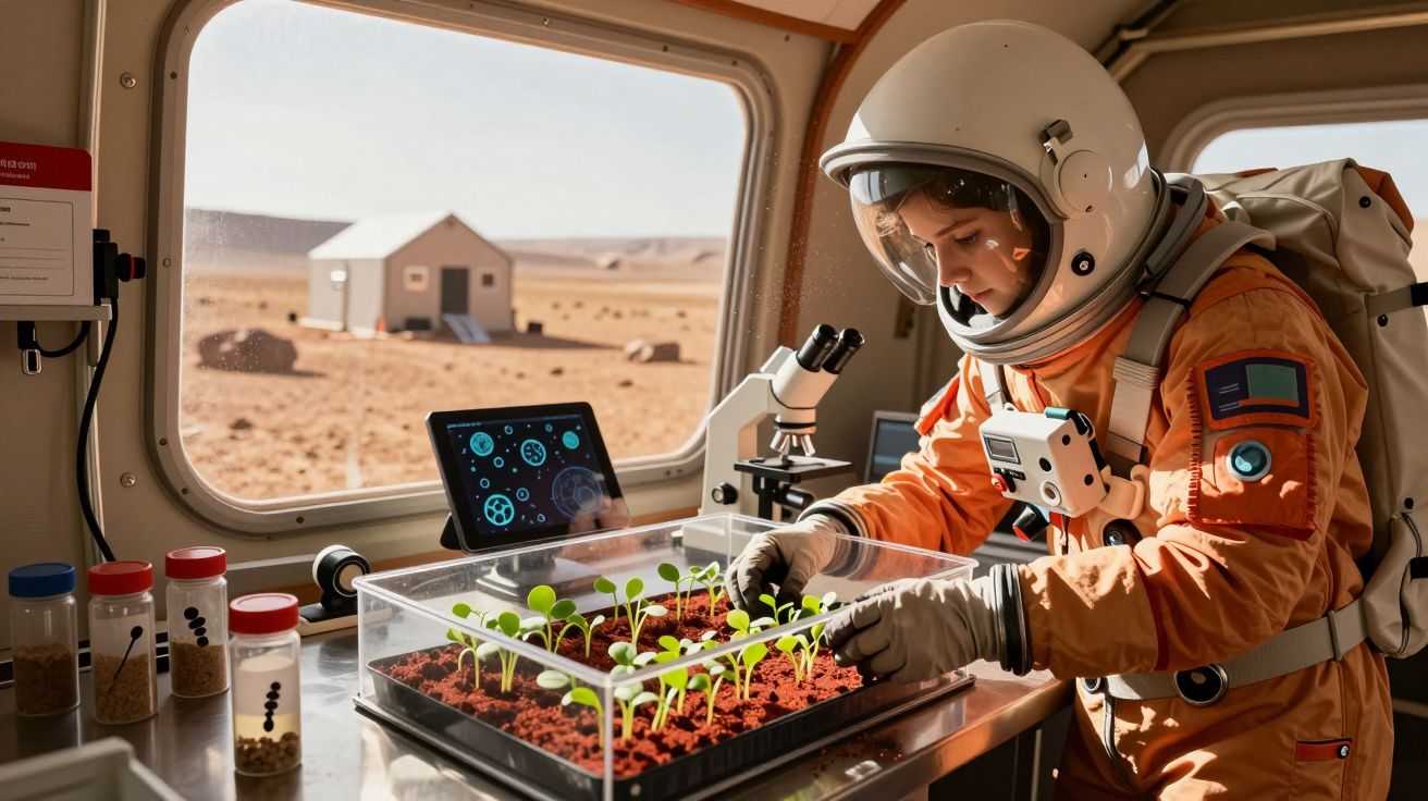 Astronauta em fato espacial cuida de plantas em laboratório numa base com vista para paisagem desértica.