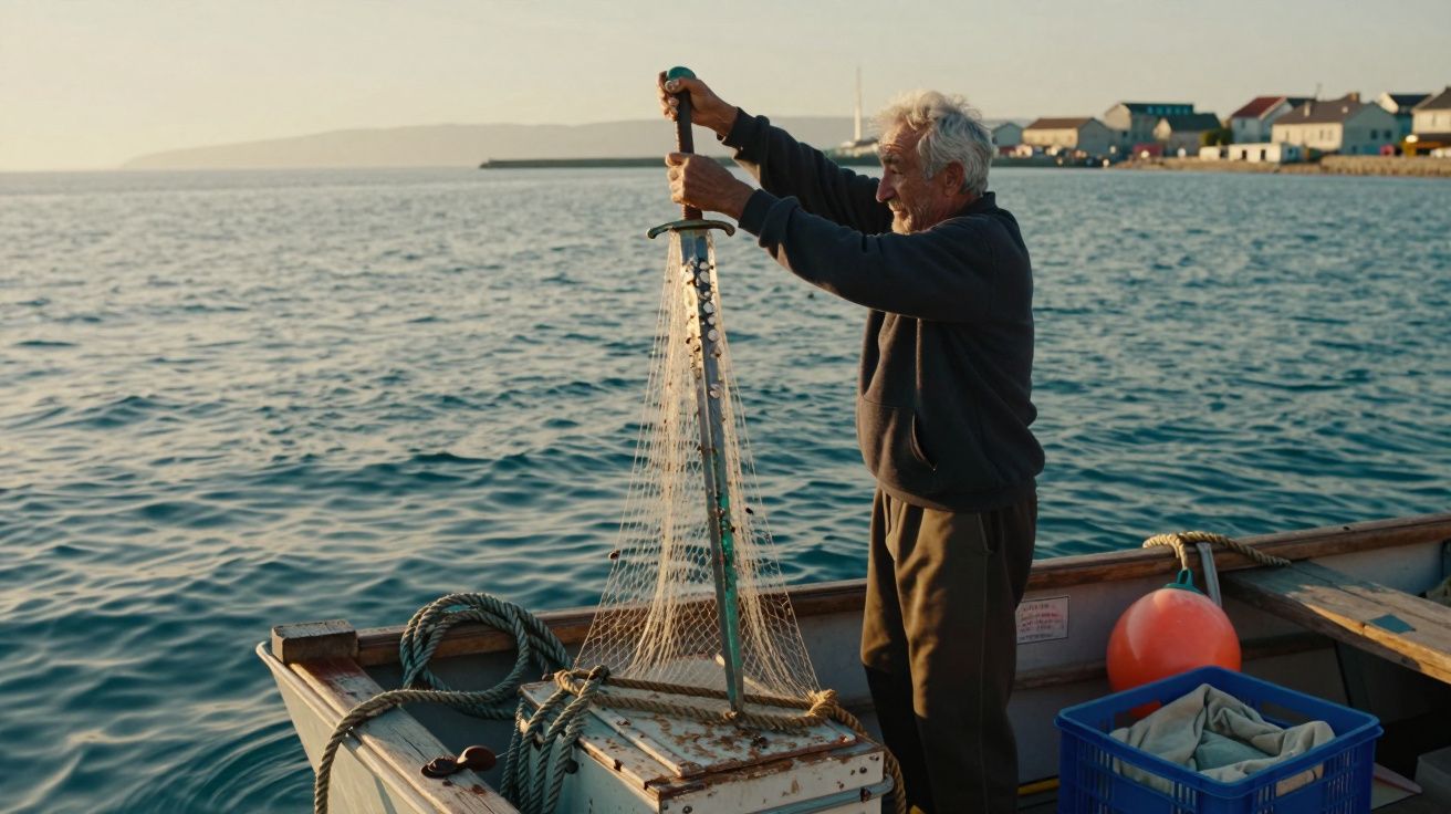 Homem idoso a levantar rede de pesca num barco no mar com vila ao fundo ao entardecer.