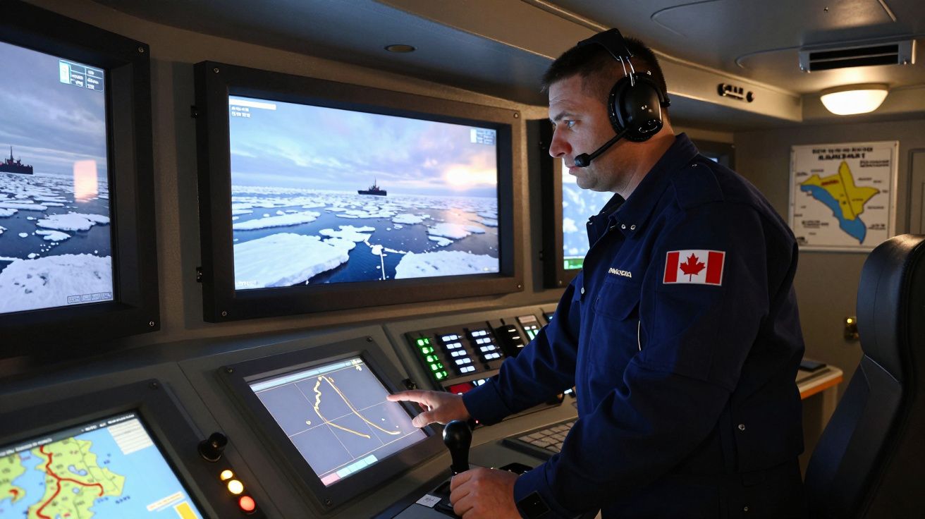 Homem com uniforme canadiano utilizando equipamentos de navegação num navio, com monitores e mapas digitais.