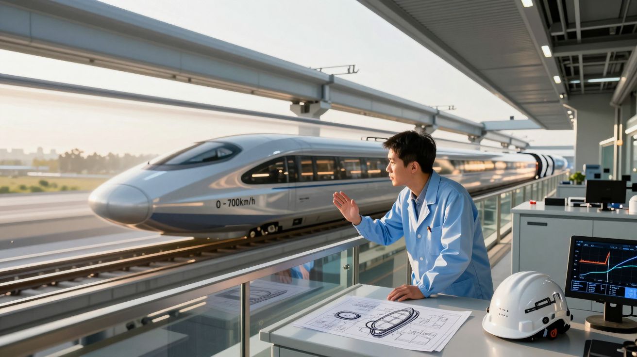 Engenheiro observa comboio de alta velocidade junto a mesa com capacete e planta técnica numa estação moderna.