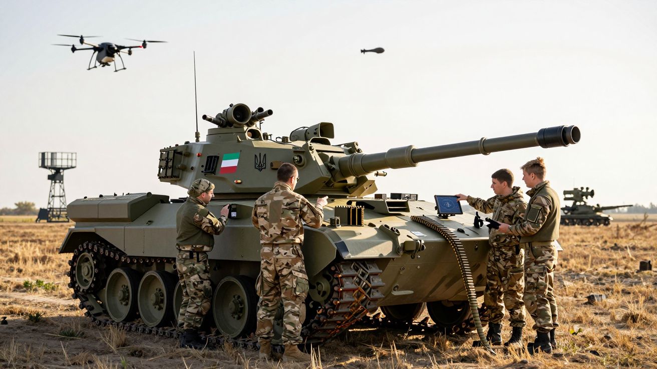Quatro soldados em uniforme camuflado junto a um tanque de guerra em campo aberto com um drone no ar.