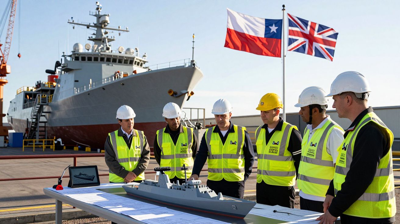 Equipe de engenheiros em colete e capacete analisando maquete de navio militar num estaleiro naval.