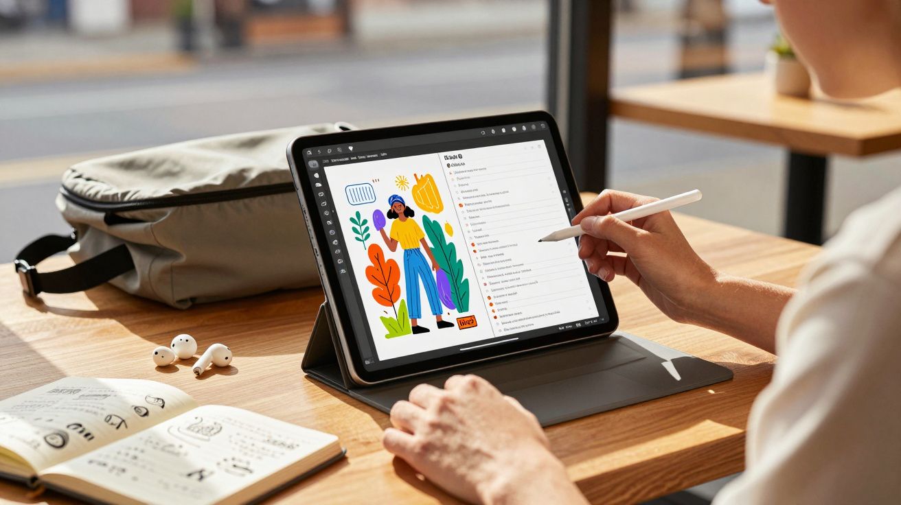 Pessoa a desenhar numa tablet digital com caneta, numa mesa com mochila, livro e auriculares.