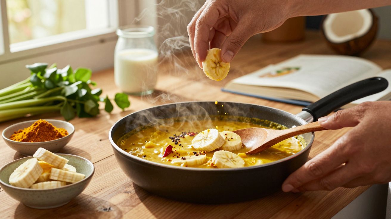 Mãos a preparar caril vaporizado com banana em frigideira sobre bancada de madeira, com especiarias e livro aberto.