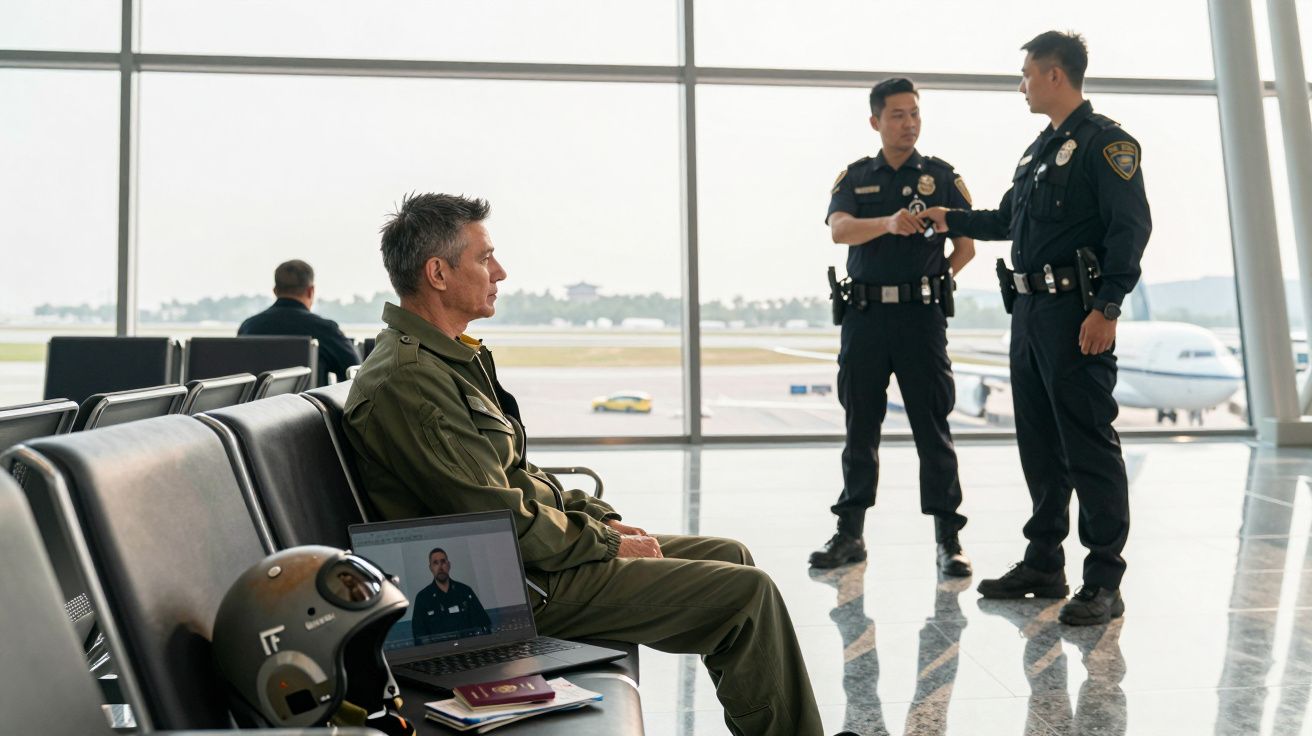 Homem vestido de militar sentado em aeroporto enquanto dois polícias apertam as mãos junto a uma janela com vista para um avi