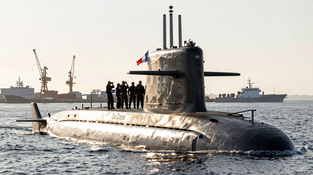Submarino militar francês com tripulantes no convés navegando em águas calmas próximo a porto industrial.