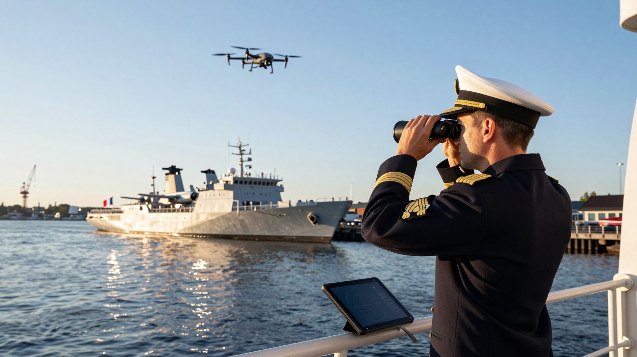 Oficial naval a observar com binóculos um drone sobrevoando um navio militar no porto ao pôr do sol.