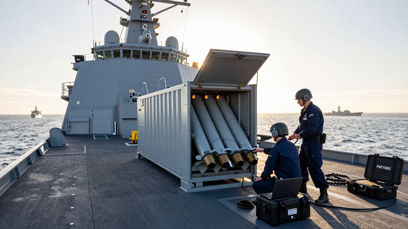 Dois militares no convés de navio de guerra operam lançadores de mísseis equipado com capacetes e equipamento técnico.