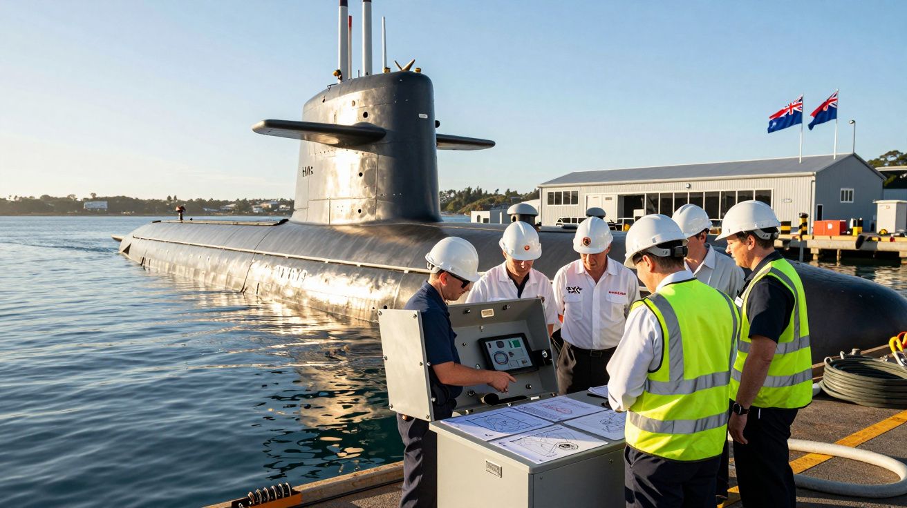 Equipa de técnicos com capacetes e coletes junto a submarino atracado em cais com bandeiras ao fundo.