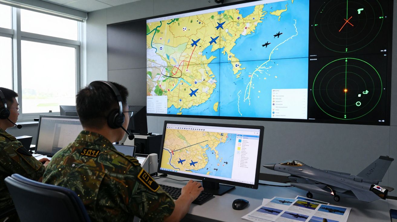 Soldados numa sala de controlo a monitorizar mapas e radares de tráfego aéreo com um modelo de avião no secretária.