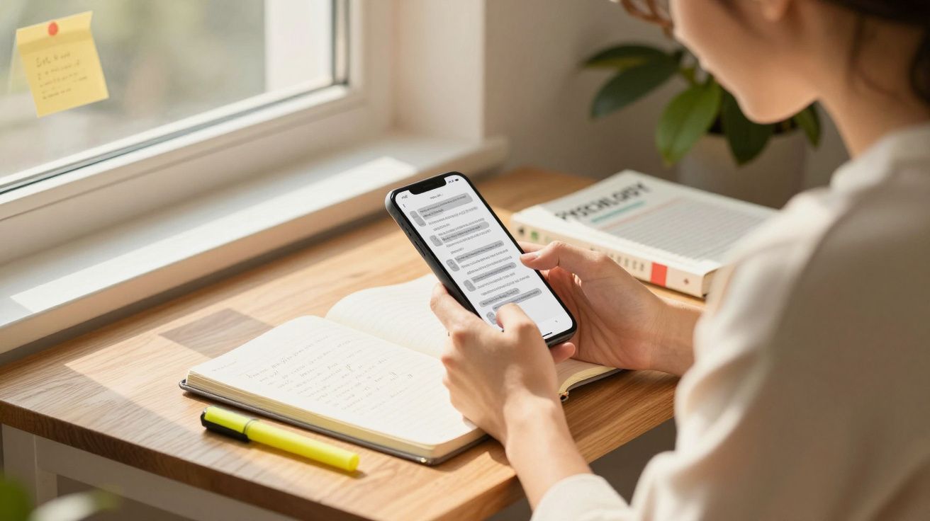 Pessoa a consultar mensagens no telemóvel junto a secretária com caderno aberto, marcador amarelo e livro.