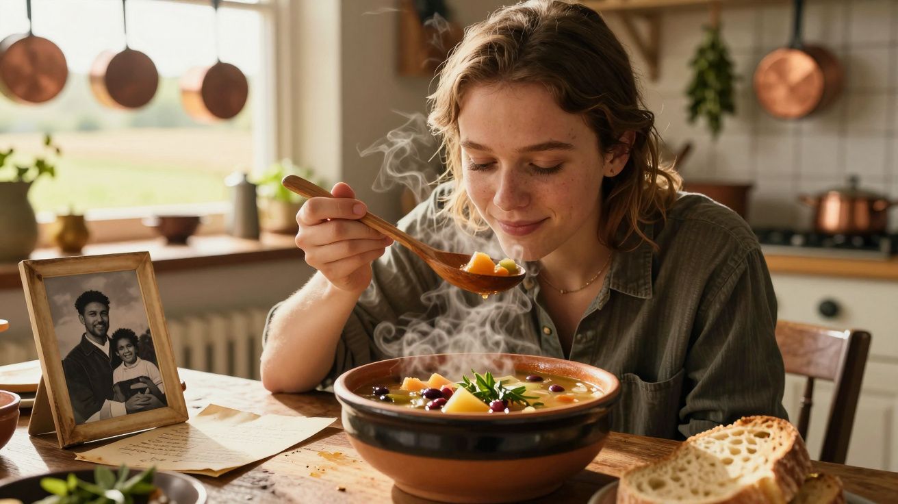 Mulher a saborear sopa quente numa mesa de cozinha com foto de família e fatias de pão.