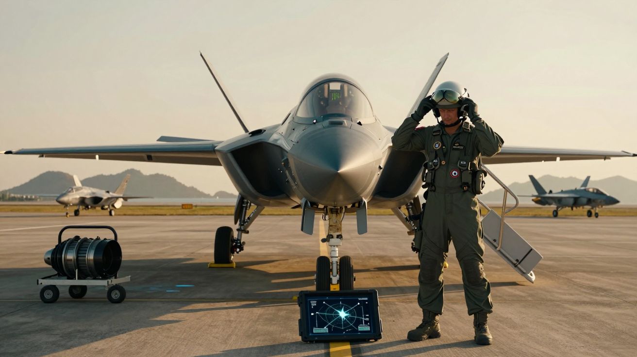 Piloto de avião militar prepara-se ao lado de caça estacionado em pista com montanhas ao fundo.