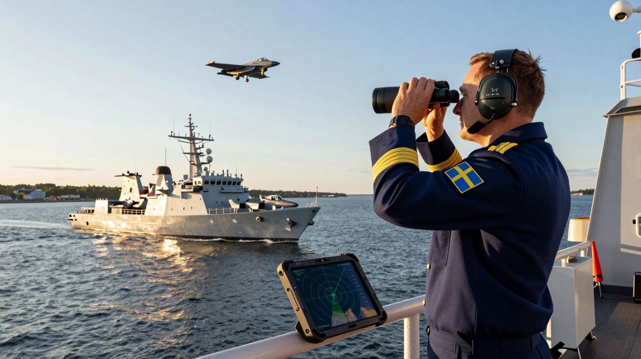 Oficial naval com uniforme sueco observa jato F-35 a aproximar-se de navio de guerra no mar durante o dia.