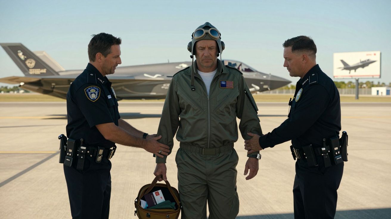 Dois polícias escoltam um piloto vestido com fato de voo e capacete com óculos numa pista de aeroporto.