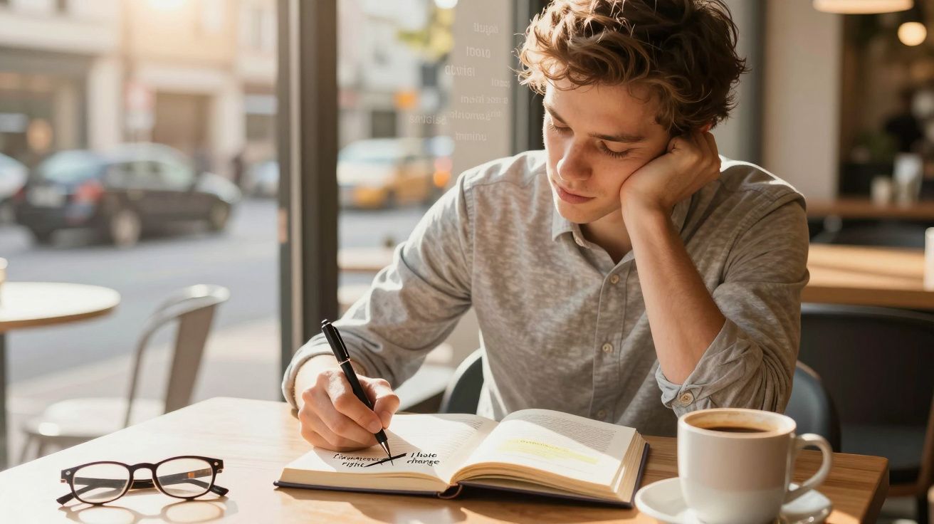 Jovem sentado numa mesa de café a escrever num caderno, com um par de óculos e uma chávena de café à frente.