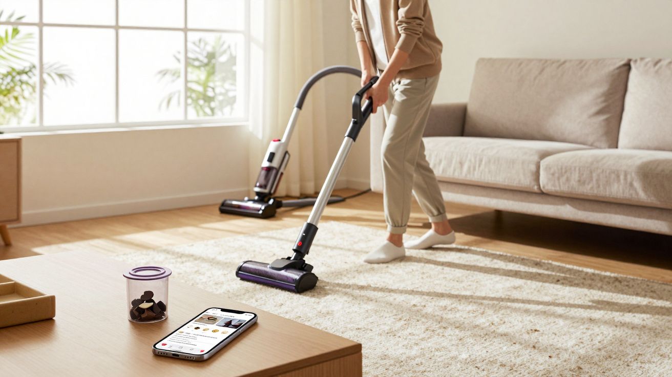 Pessoa a aspirar tapete de sala de estar com aspirador sem fios perto de sofá bege.