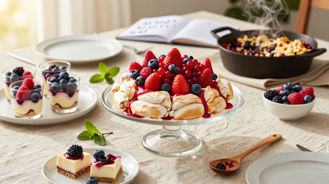 Mesa com sobremesas variadas, incluindo pavlova com frutos vermelhos e pequenas tartes decoradas com frutos silvestres.