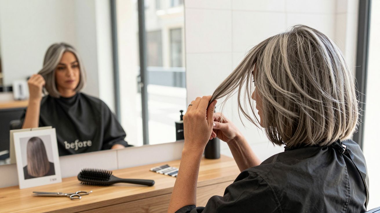 Mulher com cabelo grisalho sentada num salão de cabeleireiro, a observar o cabelo no espelho.
