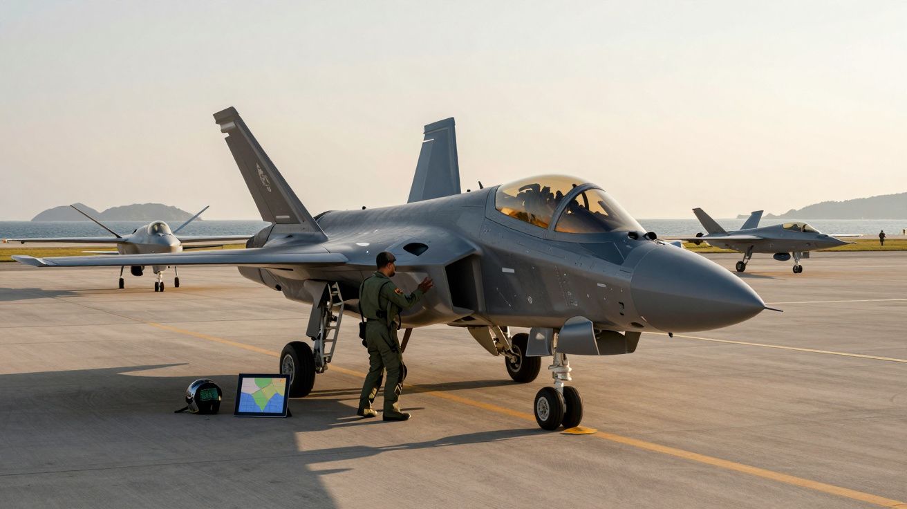 Caça militar estacionado num aeroporto com piloto ao lado durante o pôr do sol.