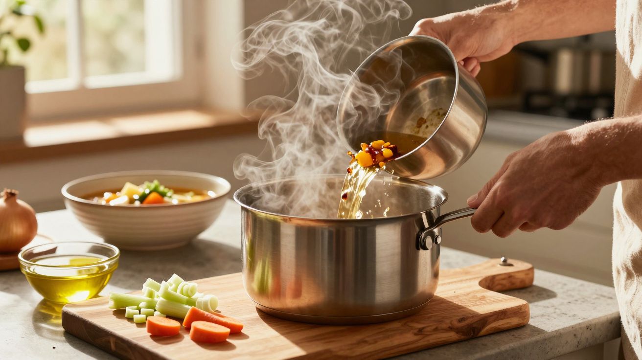 Pessoa a verter caldo quente com legumes numa panela de aço inox sobre bancada de cozinha.