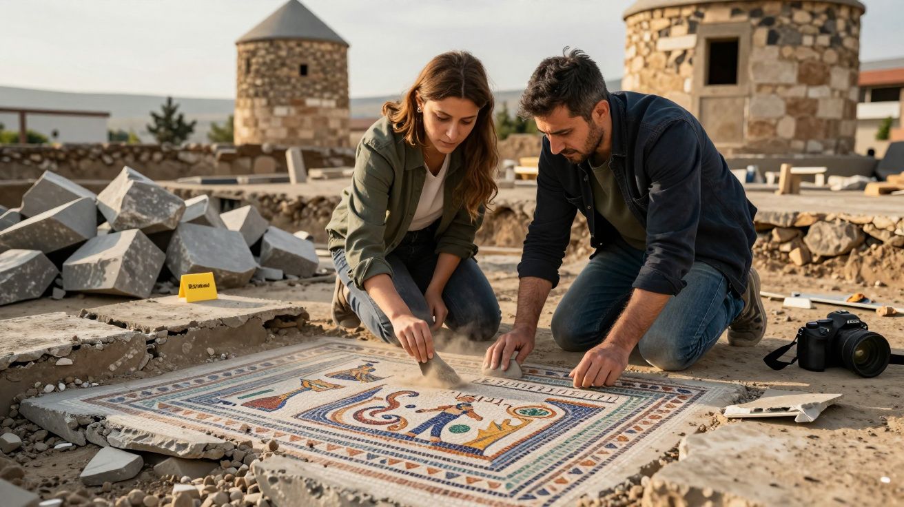 Dois arqueólogos limpam um mosaico antigo no local de uma escavação com duas torres de pedra ao fundo.