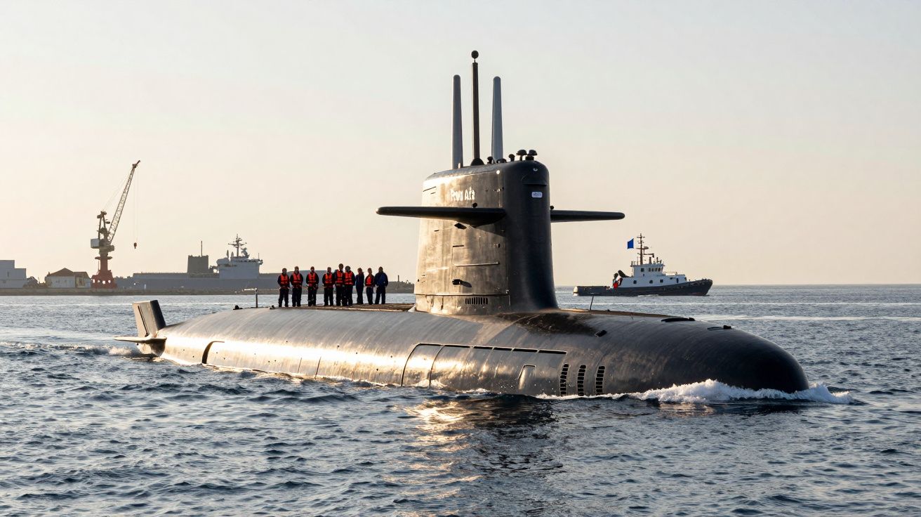 Submarino preto na água com marinha a bordo e navios ao fundo ao pôr do sol.