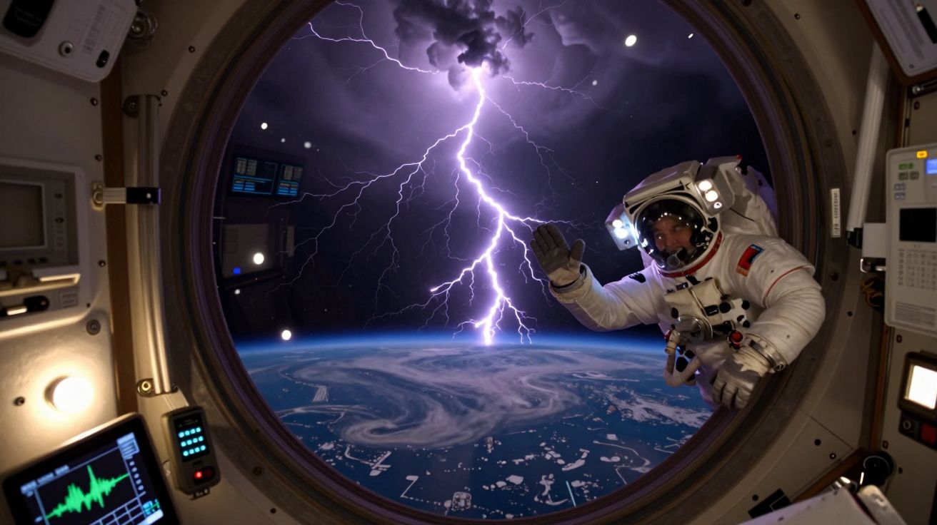 Astronauta no espaço visto por uma janela da nave, com relâmpago sobre a Terra ao fundo.