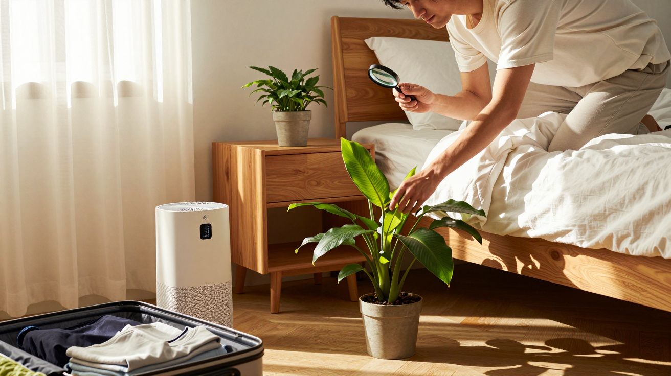 Pessoa ajoelhada na cama a examinar planta com lupa, ao lado de mala aberta e purificador de ar.