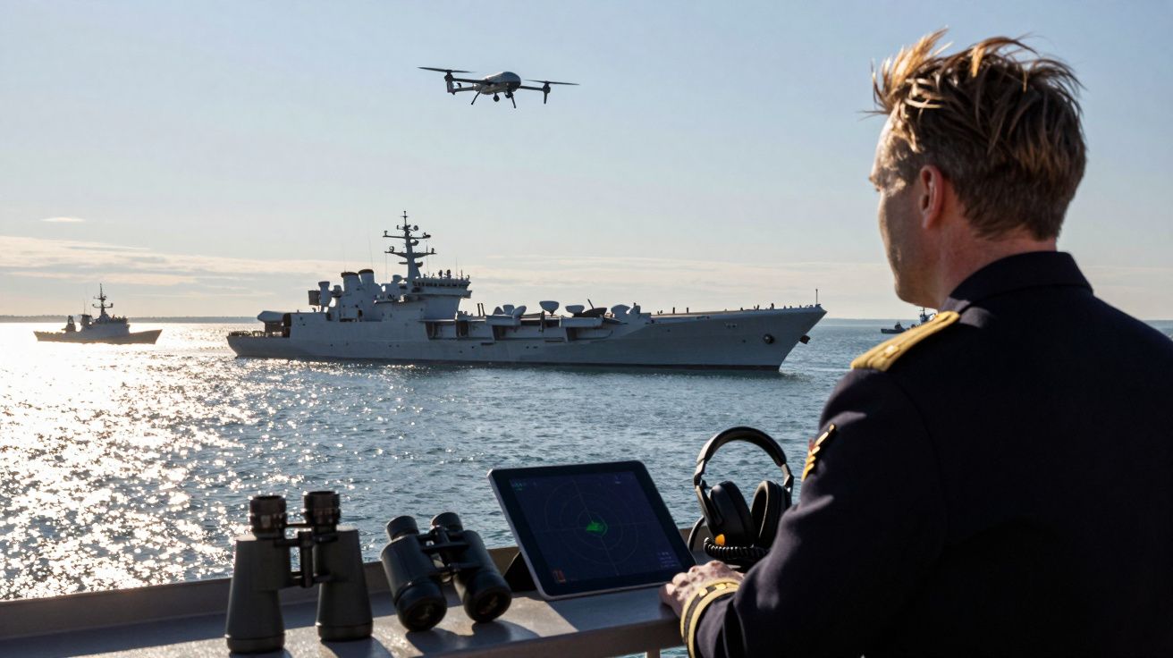 Homem em uniforme naval observa navios de guerra no mar com drone a voar e equipamento de vigilância numa embarcação.
