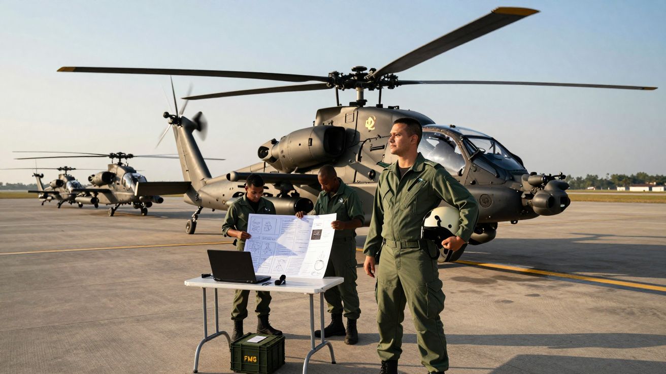 Três militares junto a helicópteros Apache estacionados numa pista de voo sob céu limpo.