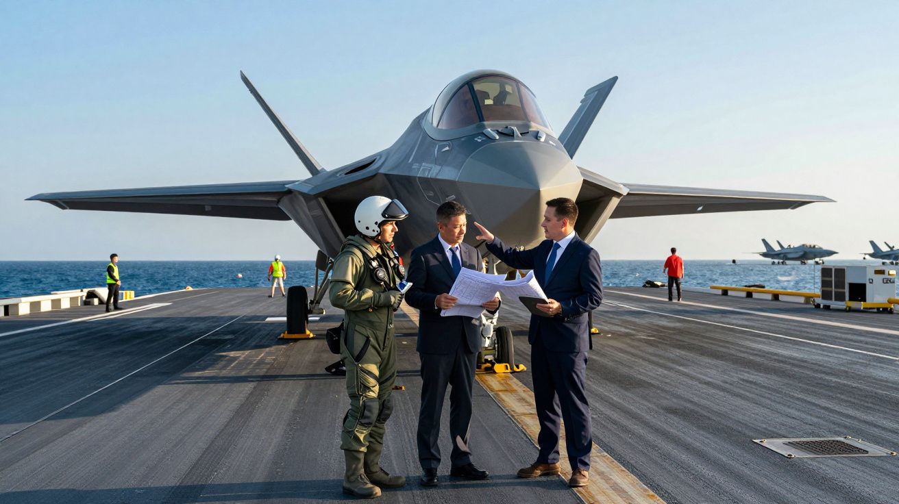 Dois homens de fato e um piloto com fato de voo junto a um caça na ponte de um porta-aviões, com o mar ao fundo.