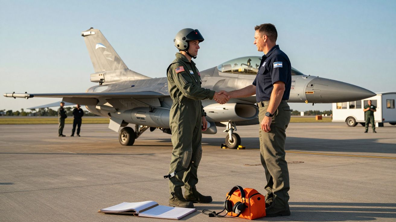 Dois homens cumprimentam-se em pista de aeroporto militar com avião de caça ao fundo.