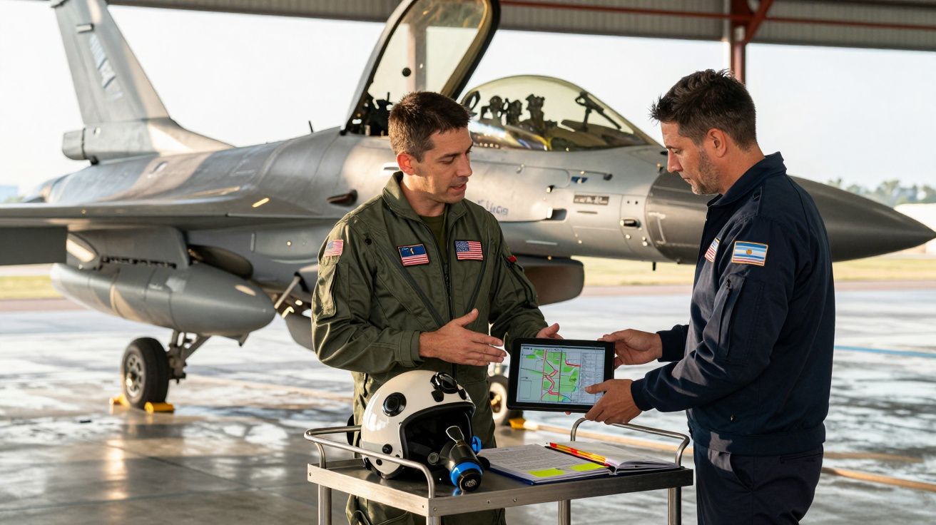 Dois pilotos militares em uniforme discutem plano de voo com tablet junto a avião de caça numa pista.