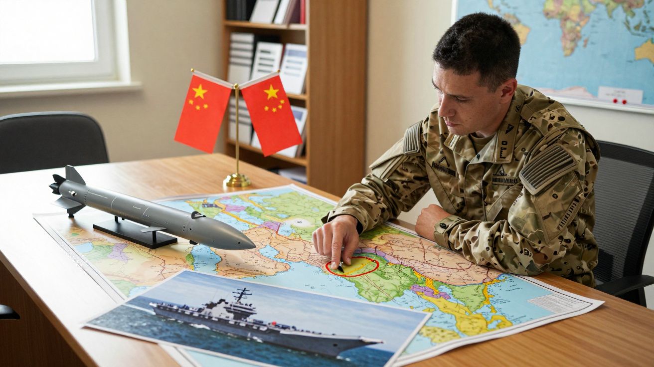 Militar em uniforme camuflado aponta numa mesa para mapa com alvo vermelho, com maqueta de míssil e duas bandeiras da China.