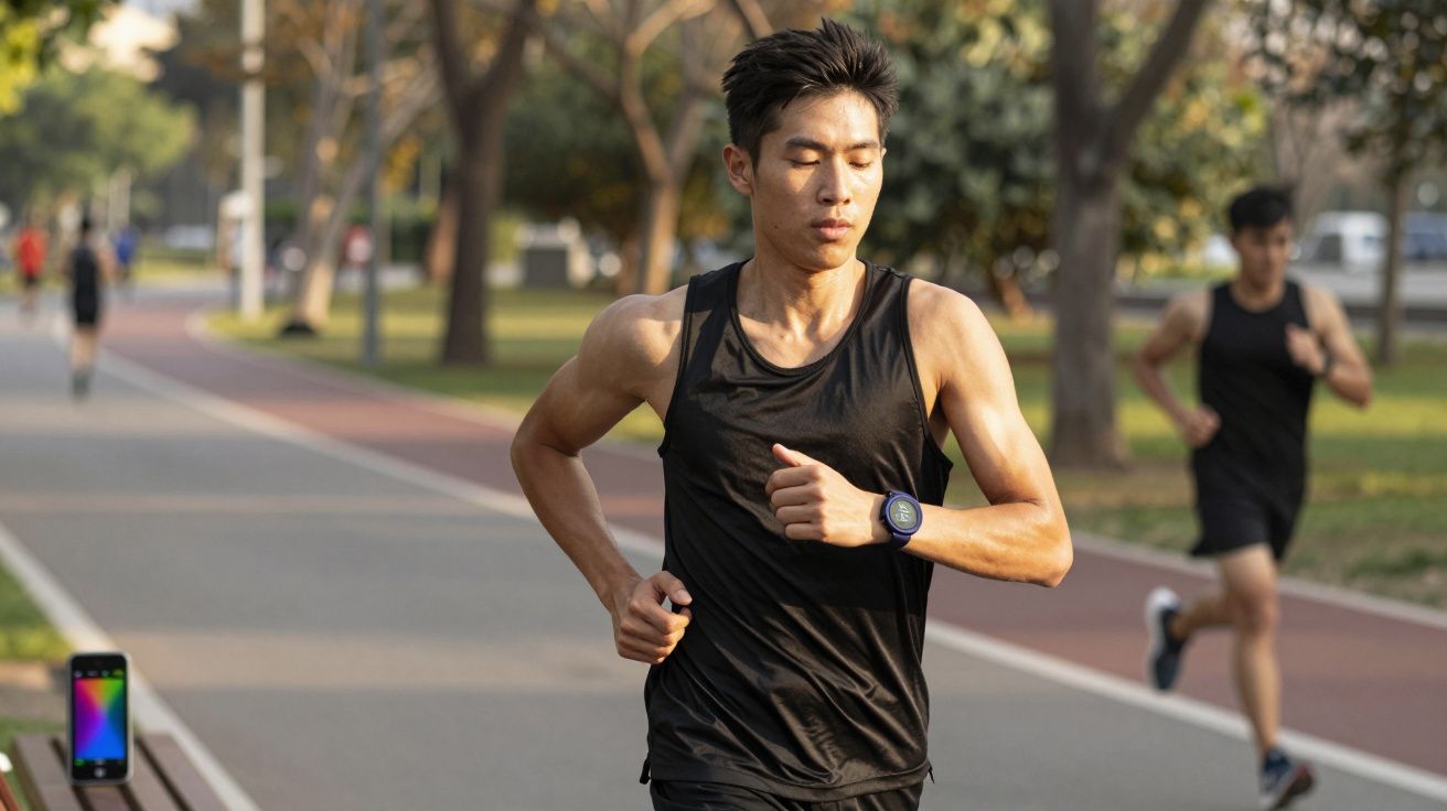 Homem a correr ao ar livre num parque, usando roupa desportiva preta e relógio no pulso esquerdo.